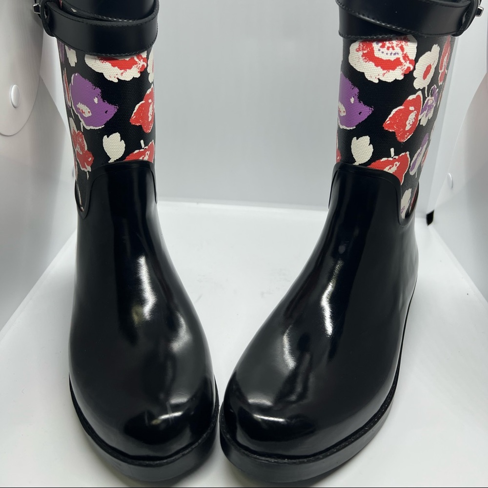 Coach Traisha II Black Floral Print Leather Trim Rain Boots Q8010 Size 8B